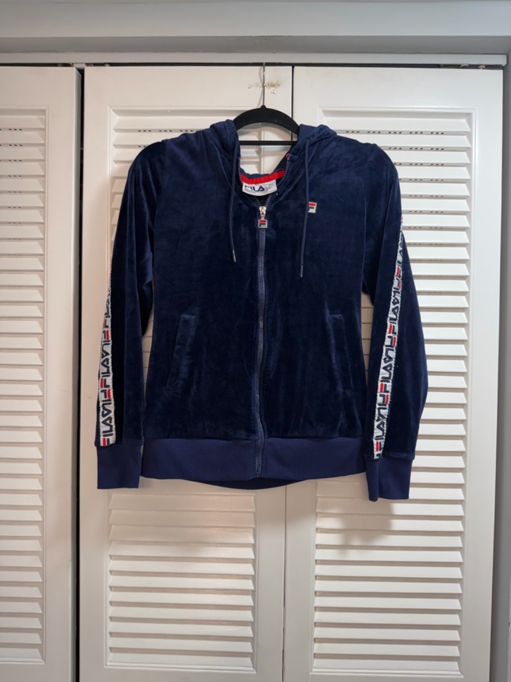 Fila Navy Velour Hoodie with Red Trim and Logo Zip